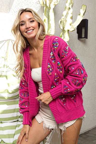 Multi Color Sequins Cardigan Fuchsia