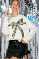 Leopard Bow Sequin Crewneck Sweater