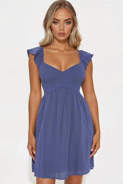 Denim Blue SMOCK RUFFLED CAP SLEEVE DRESS