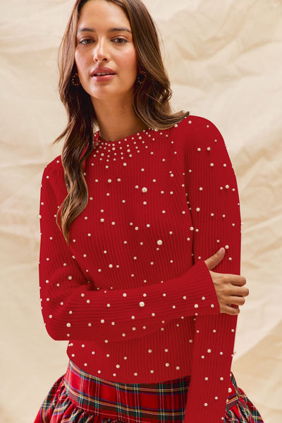 Red Pearl Embellished Sweater