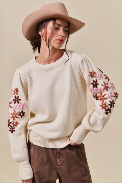 Floral Embroidered Sweater Oatmeal