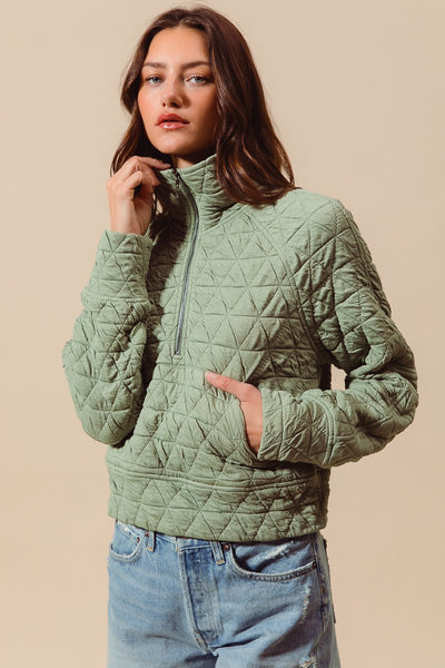 Olive Triangle Quilted Zip Up Pullover